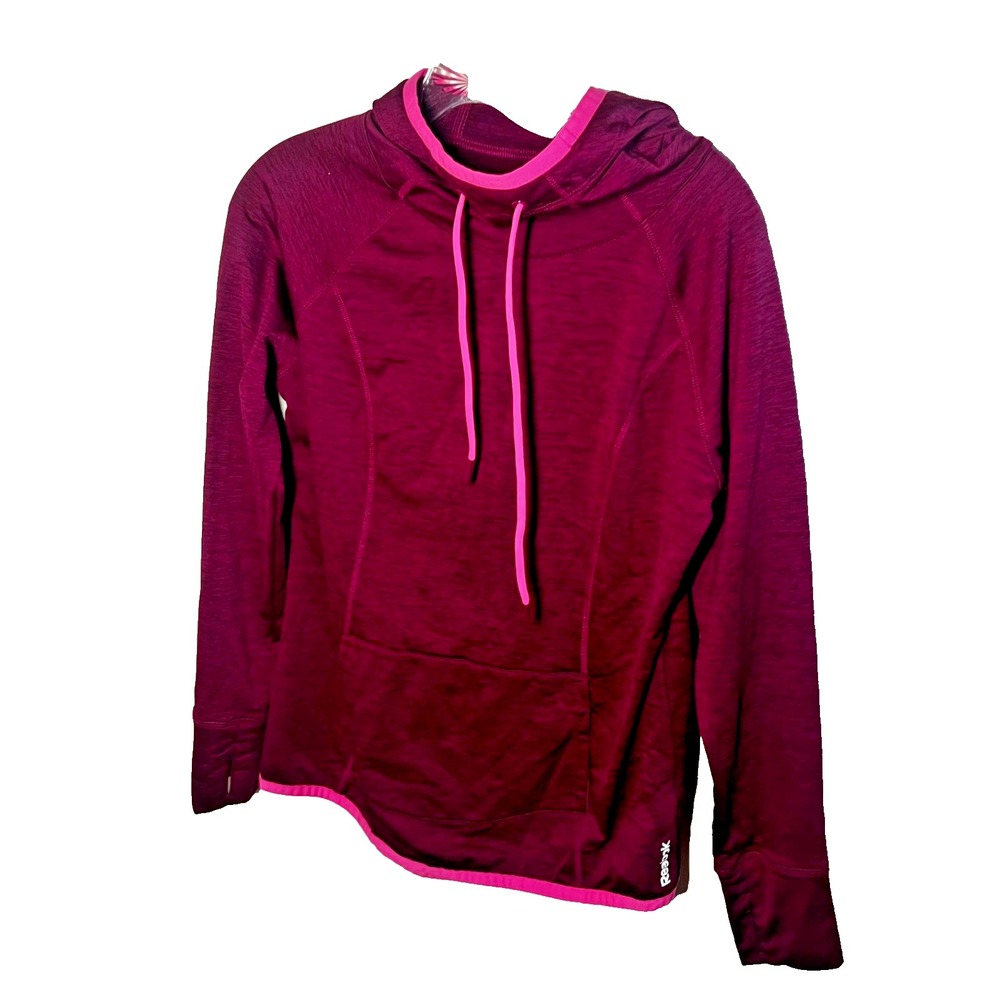 Reebok Hoodie Women's Medium Heather Magenta Cowl Neck Athletic Thumb Holes‎ EUC